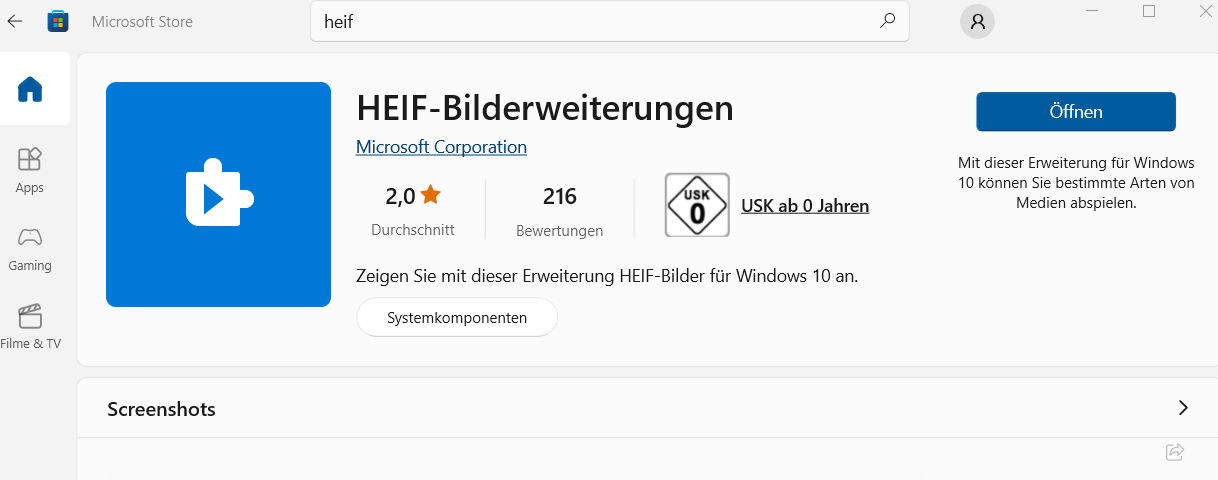 HIEF extension in Microsoft Store